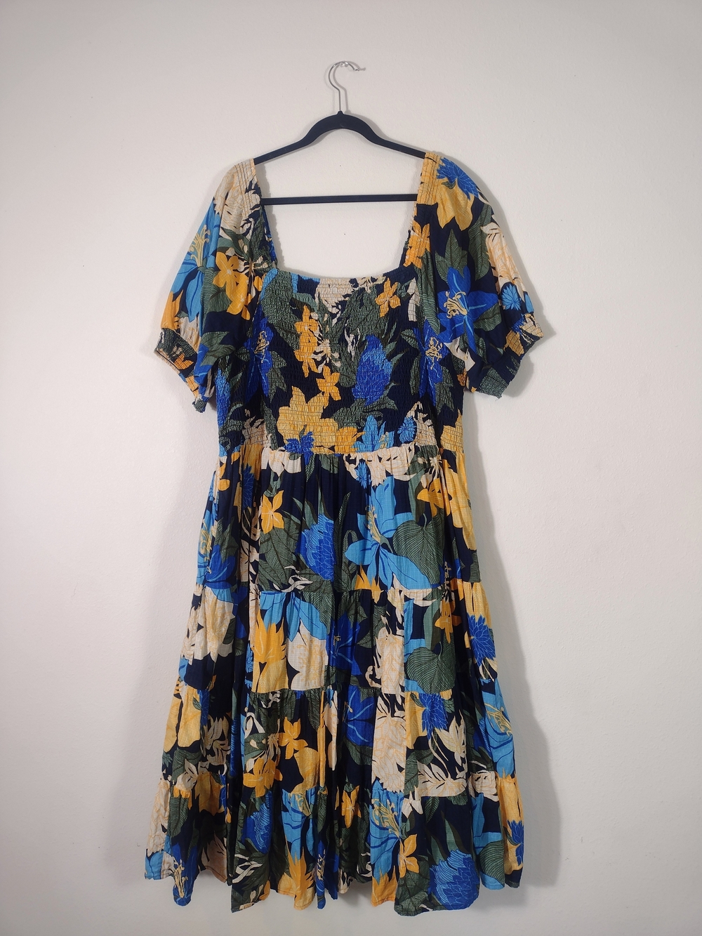Lands' End Blue Yellow Floral Puff Sleeve Smocked Tiered Cotton Dobby Midi Dress